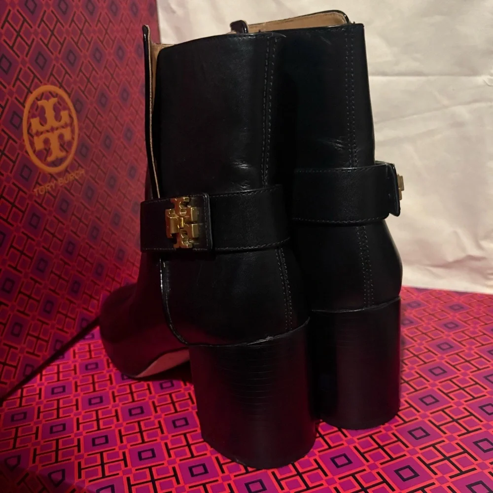 Tory Burch Black Leather Ankle Boots with Gold Logo Strap